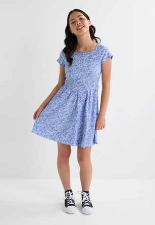 Older Girls Blue Floral Print Square Neck Dress