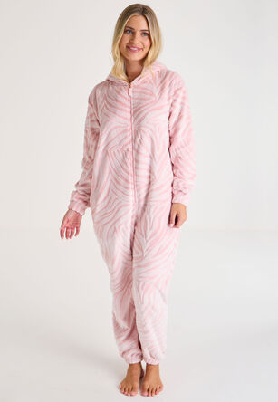 Womens Pink Zebra Fleece Onesie