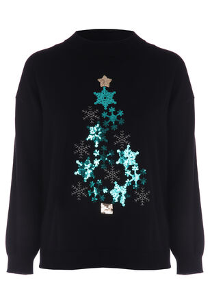 Womens Black Sequin Christmas Tree Jumper
