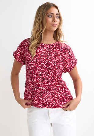 Womens Red Spot Print Textured Turnback Sleeve Top