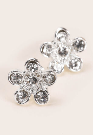 Womens Silver Diamante Flower Stud Earrings