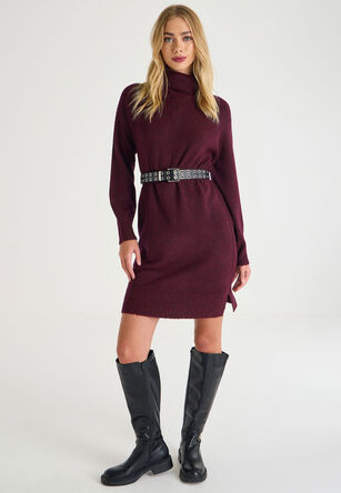 Womens Burgundy Roll Neck Jumper Dress