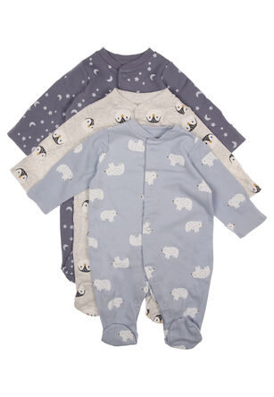 Baby Boys 3pk Grey Marl Penguin Sleepsuits