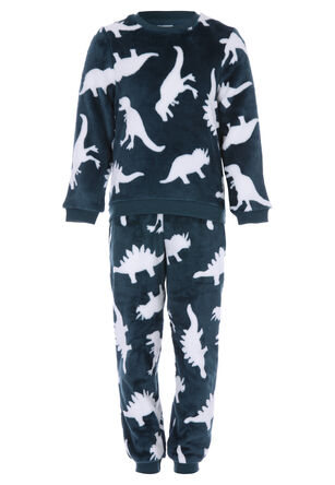 Younger Boys Dark Green Dinosaur Long Sleeve Fleece Pyjamas