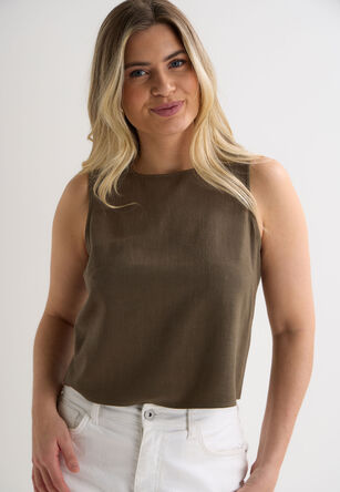 Womens Khaki Plain Linen Vest Top