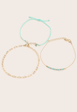 Womens 3pk Aqua & Gold Anklets