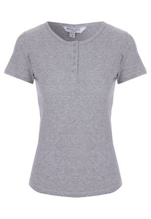 Womens Grey Ribbed Placket Front Short Sleeve Top