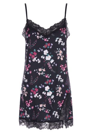 Womens Black Floral Print Satin Slip
