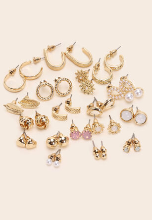 Womens 18pk Gold Pearl Stud & Hoop Earrings