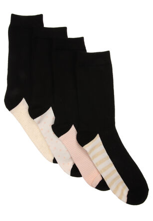 Womens 4pk Black Super Soft Striped Footbed Socks