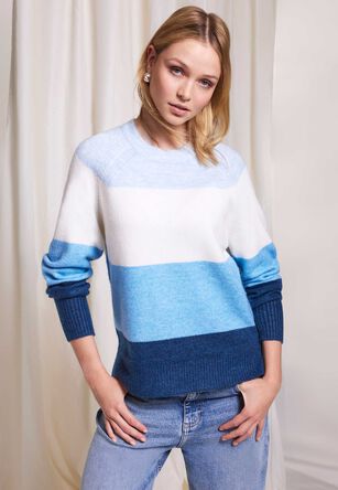 Womens Blue & White Colourblock Stripe Jumper