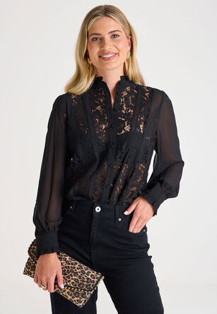 Womens Black Lace Detail Insert Blouse