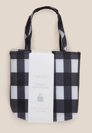 Womens Black & White Gingham Foldable Shopper Tote Bag