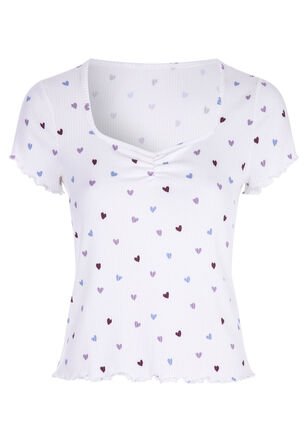 Womens Cream Heart Print Ribbed Pyjama Top
