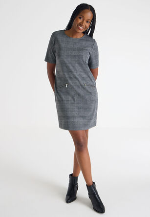 Womens Black & White Check Shift Dress