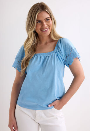 Womens Blue Square Neck Broderie Short Sleeve Top