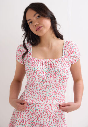 Older Girls Red Floral Gathered Short Sleeve Top