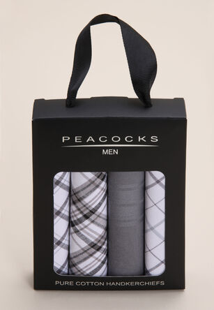 Mens 4pk White & Grey Check Cotton Handkerchiefs