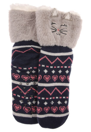 Womens 1pk Navy Fairisle Cat Slipper Socks