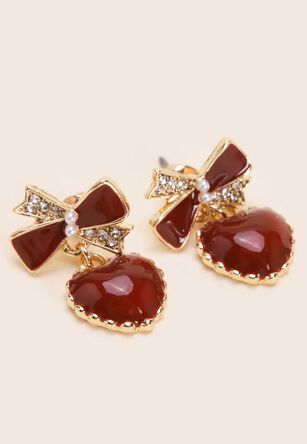 Womens Gold & Burgundy Heart Drop Earrings