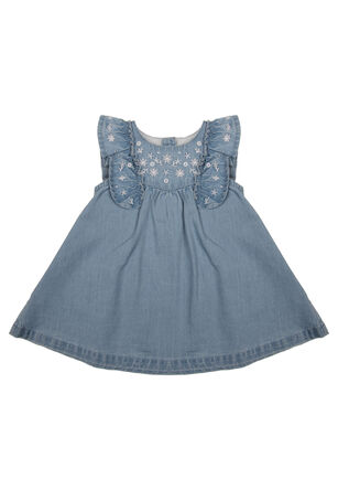 Baby Girls Blue Chambray Floral Embroidered Dress