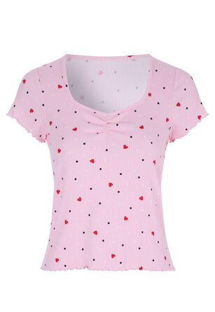 Womens Pink Heart Print Short Sleeve Pyjama Top