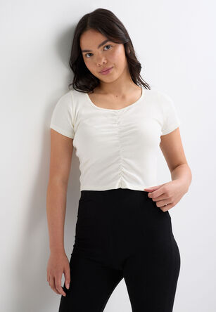 Older Girls Cream Jersey Ruched Crop Top