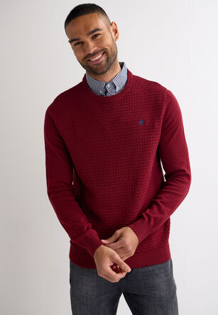 Mens Red Plain Textured Mock Shirt Jumper