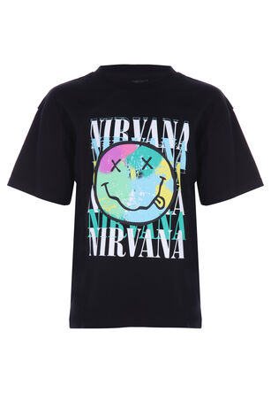 Older Boys Black Nirvana Happy Print Band T-Shirt