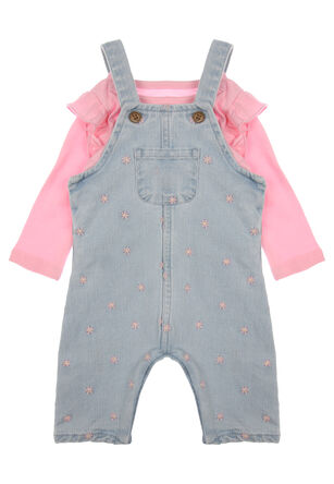 Baby Girl Denim & Pink Floral Embroidered Dungarees Set