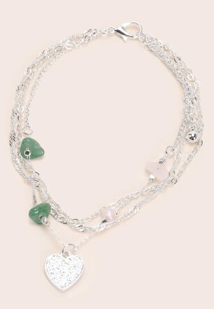 Womens 3pk Silver Chain Heart Pendent Anklets
