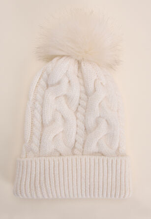 Womens Cream Cable Bobble Beanie Hat