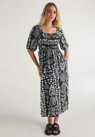 Womens Black and White Leaf Print Dress