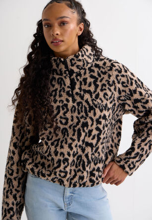 Womens Brown Leopard Zip Fleece Top