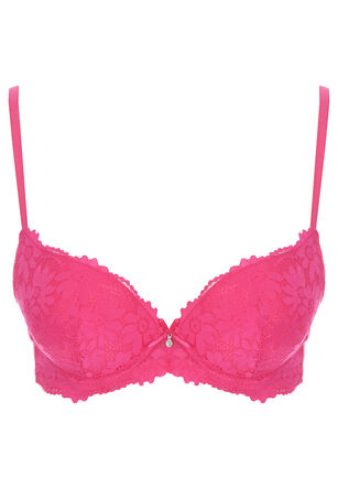 Womens Hot Pink Floral Lace Super Boost Bra