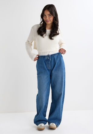 Older Girls Blue Denim Wide Leg Draw Waist Jeans