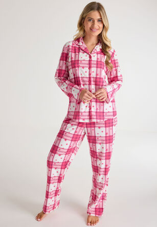 Womens Hot Pink Check and Star Print Pyjama Set