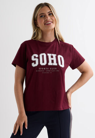 Womens Burgundy Soho Sports Club Graphic Cotton T-Shirt