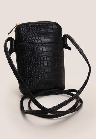 Womens Black Faux Croc Phone Bag