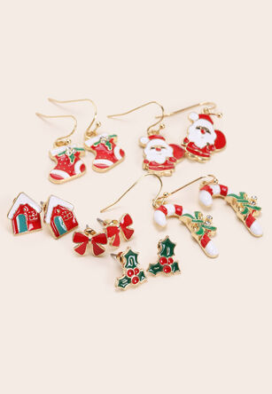 Womens 6pk Gold Christmas Charm Earrings