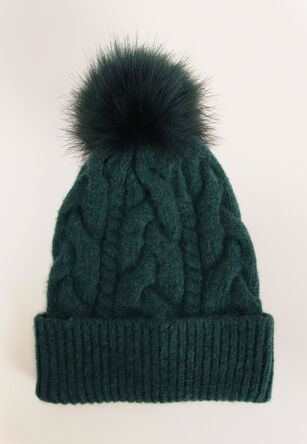 Womens Green Cable Bobble Beanie Hat