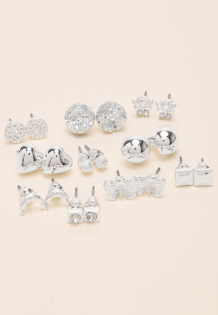 Womens 10pk Silver Diamante Stud Earrings