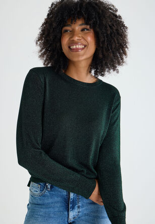 Womens Green Lurex Crew Neck Jumper