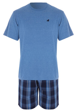 Mens Blue Check Jersey Short Pyjama Set