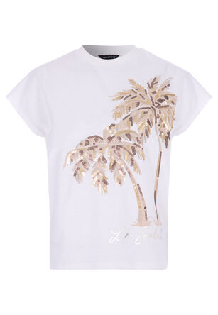 Womens Cream Sequin Palm Tree Cotton T-Shirt