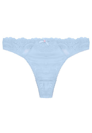 Womens Blue Plain Satin & Lace Thong