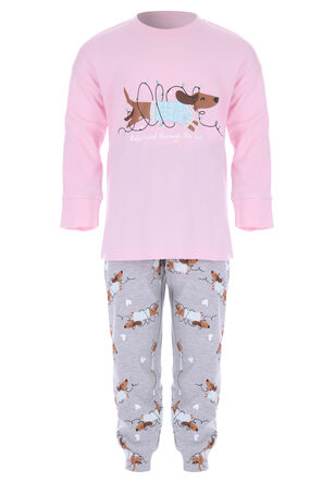 Younger Girls Pink Dachshund Through The Snow Pyjama Set