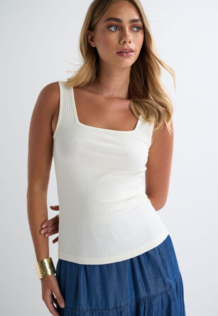 Womens Cream Ribbed Square Neckline Vest