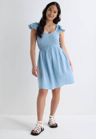 Older Girls Blue Floral Shirred Frill Sleeve Dress
