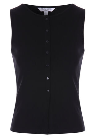 Womens Black Ribbed Button Front Vest Top